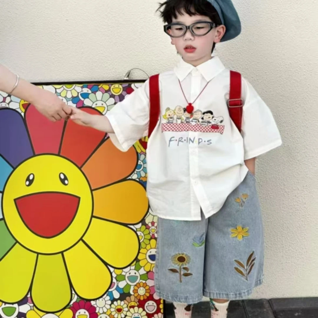 儿童夏款印花套装破洞牛仔裤韩版新款卡通宽松版型衬衫两件套 SZ