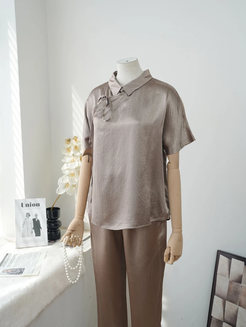 2025夏娃娃领立领100真丝桑蚕丝镂空套头直襟上衣短袖薄款A20732