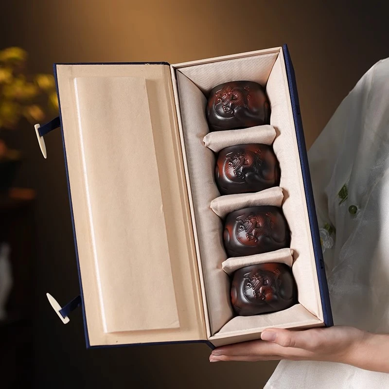 高档手工紫陶茶杯大容量茶壶浮雕防烫主人杯复古祥龙品茗杯礼盒装