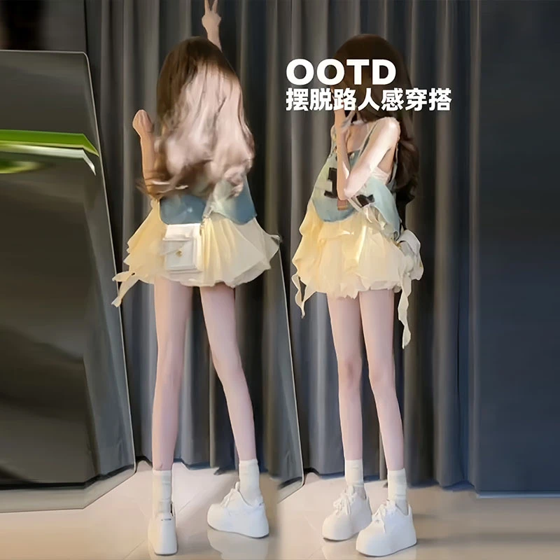 韩系不规则拼接牛仔设计感上衣女夏季新款高腰泡泡轻纱短裙两件套