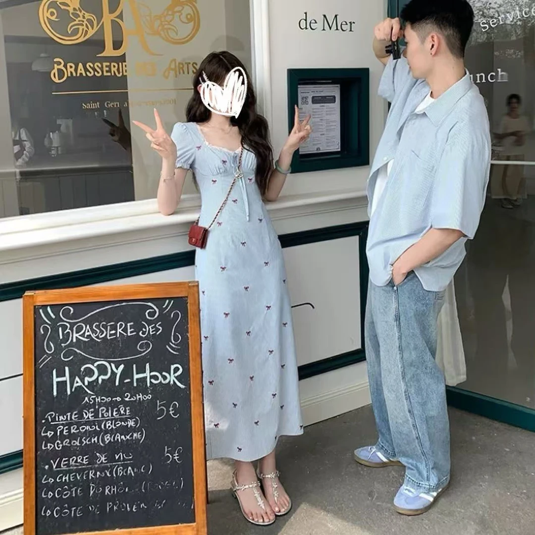 【蓝风铃】蝴蝶结泡泡袖连衣裙女条纹俏皮花边拼接长裙9122#A