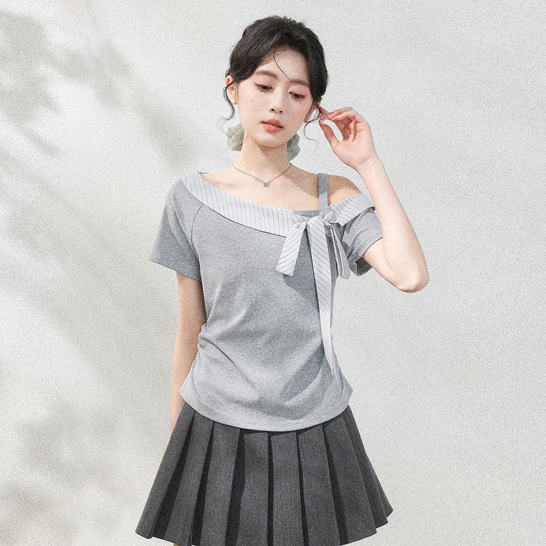 灰色斜肩短袖T恤女夏2025夏季新款不规则蝴蝶结体恤短款露肩上衣
