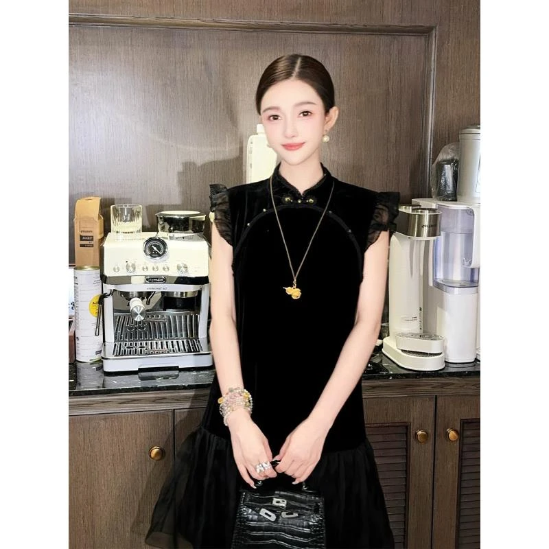 真丝丝绒拼接欧根纱连衣裙