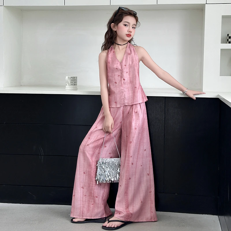 女童夏季甜美显瘦背心挂脖套装2025新款粉色碎花背心设计感阔腿裤