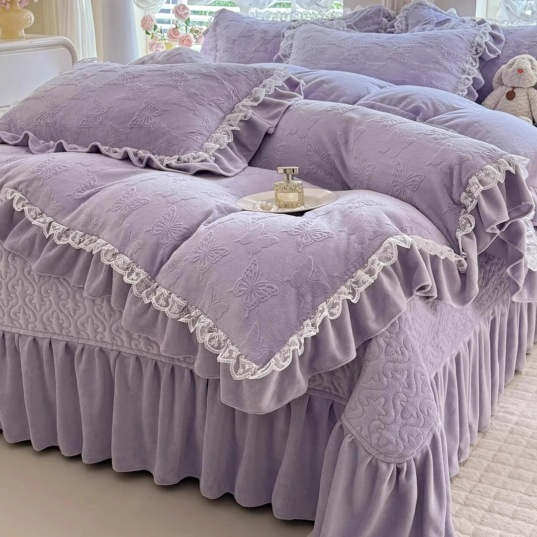 韩版法式花边款加厚牛奶绒四件套双面宝宝绒珊瑚绒被套夹棉床裙款