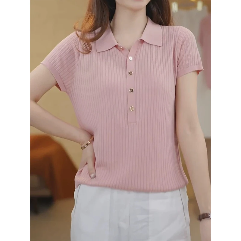 半开方领~含桑蚕丝+天丝减龄撞色竖条纹针织短袖上衣