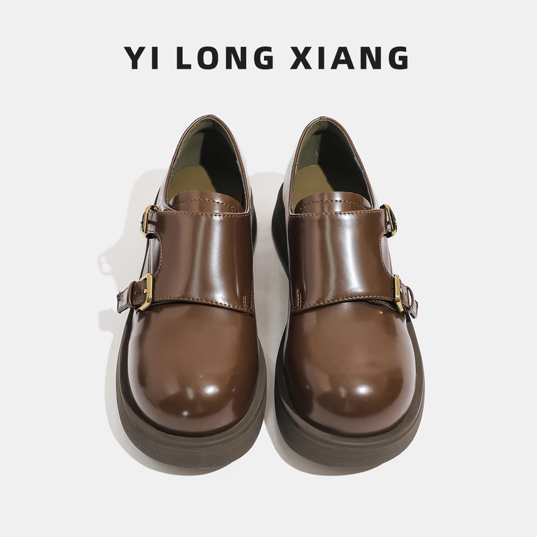 英伦风大头小皮鞋女2025新款双扣带圆头一脚蹬丑萌百搭复古乐福鞋