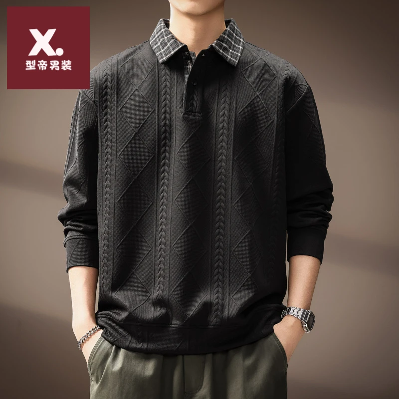 高端美式麦穗纹肌理长袖Polo衫男秋冬加绒假两件宽松翻领休闲卫衣