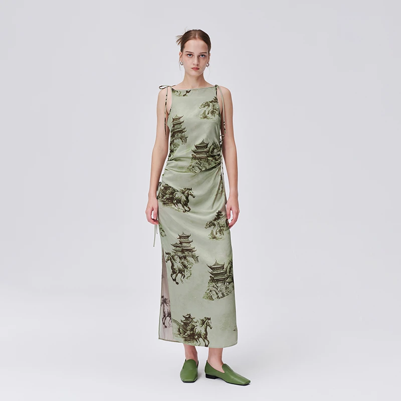 【Fabrique】Calista 新中式山水骏马印花系绳显瘦抽褶吊带连衣裙