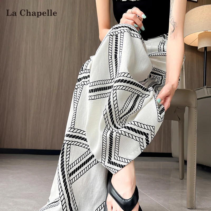 拉夏贝尔老钱风松弛感印花阔腿裤女夏季薄款垂感复古直筒宽松长裤