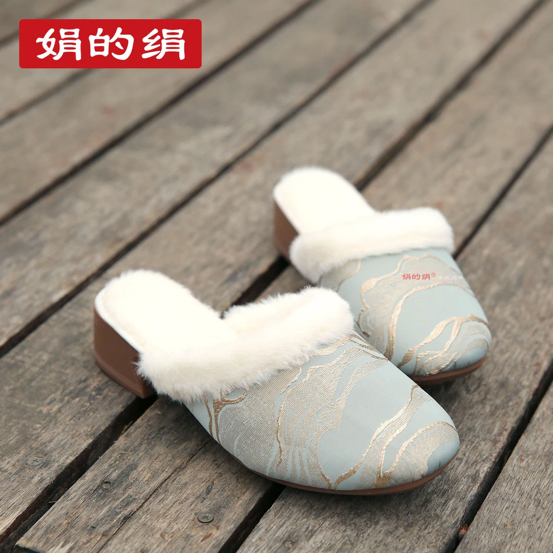 新款保暖加绒舒适软底室内居家包头半拖冬季棉拖鞋女古风绣花棉鞋
