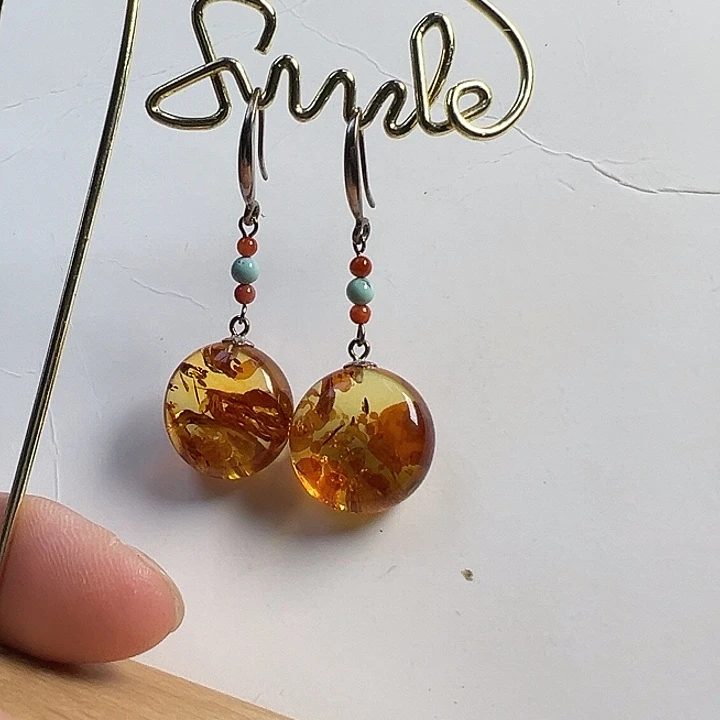 银S925镶嵌琥珀（花珀）耳饰