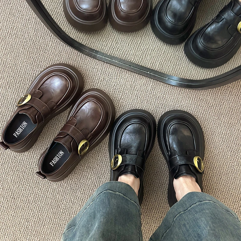 2025秋季新款乐福鞋女粗跟厚底单鞋复古皮带扣英伦风小皮鞋