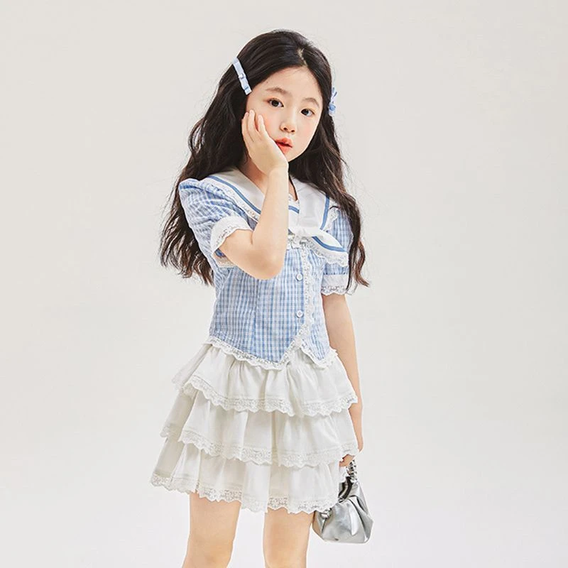 女童套装夏季2025新款时尚中大童格子短袖韩版蕾丝蛋糕裙两件套潮
