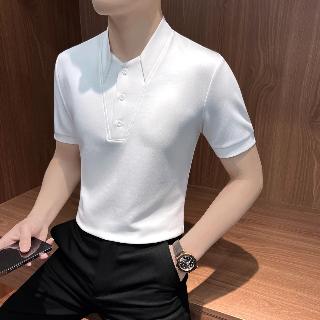 V领polo衫男款短袖秋季爆款2025新款网红洋气炸街男装潮流男士T恤