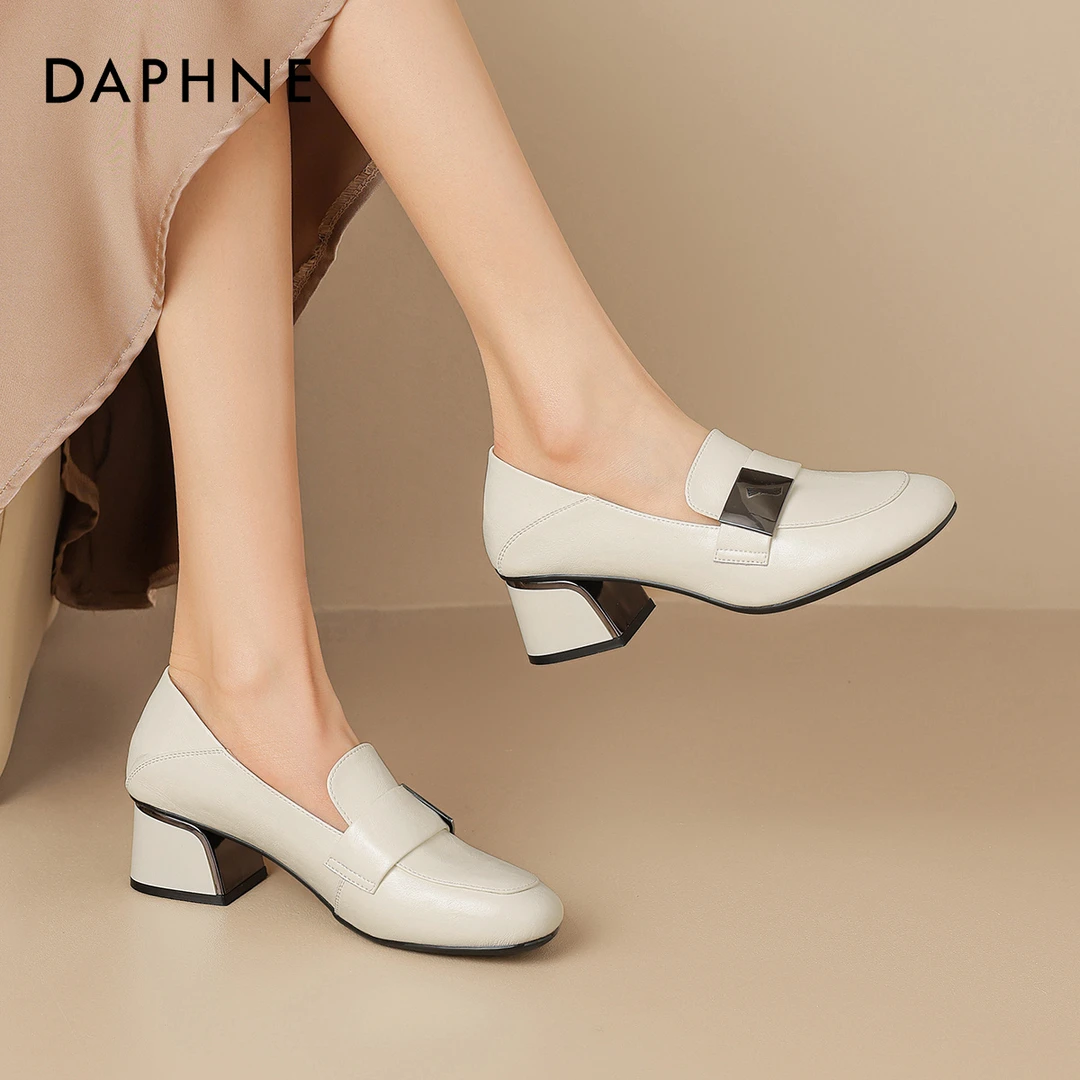 达芙妮厚底乐福鞋女2024新款秋季粗跟一脚蹬浅口单鞋英伦风小皮鞋
