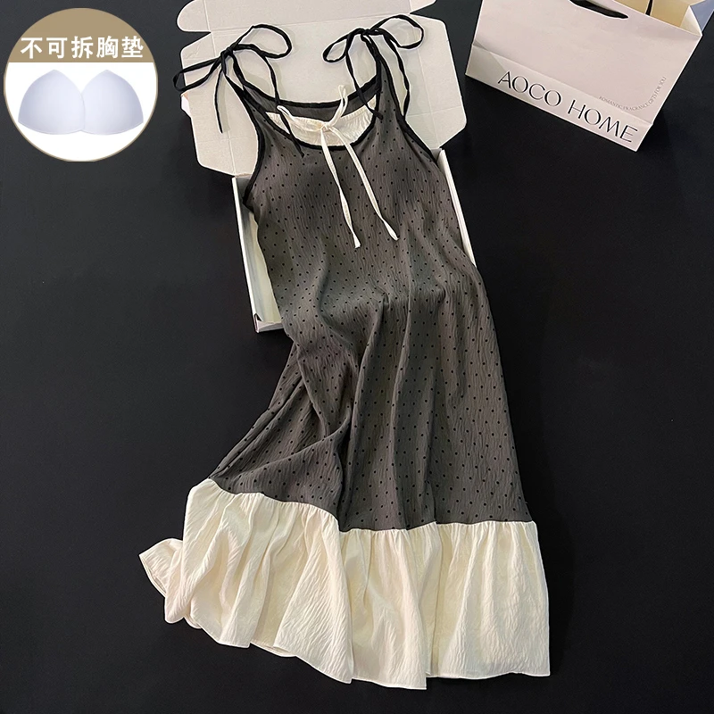 韩系风睡衣女夏季休闲带胸垫吊带睡裙灰色波点中长款小个子家居服