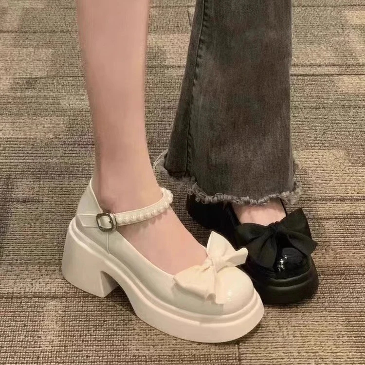 黑色法式玛丽珍小皮鞋女厚底中跟增高蝴蝶结配裙子单鞋温柔高跟鞋