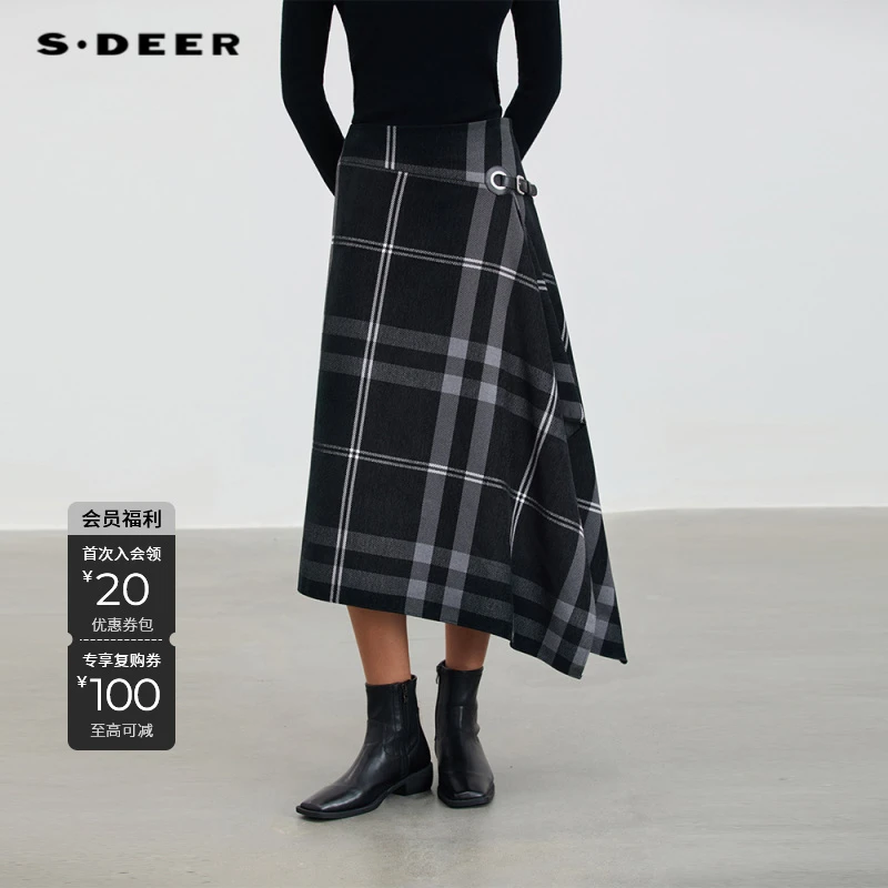 S·DEER圣迪奥秋冬季复古格纹松弛感职场百搭半身裙女S234Z1116