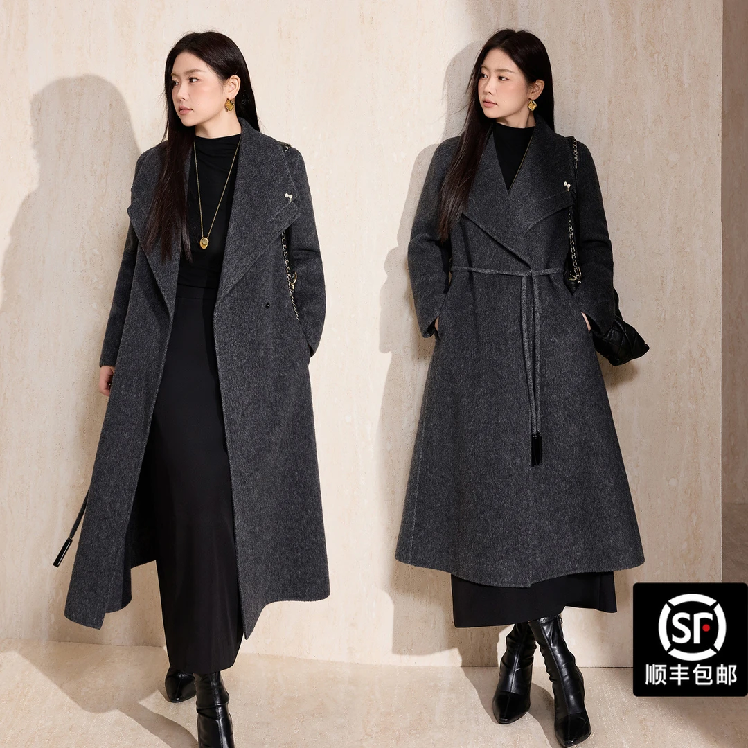 蓝语大码女装骆驼绒翻领长款双面呢大衣2025冬装澳毛宽松系带外套