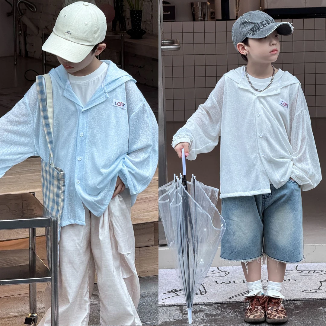 25夏新款韩式童装中小童男童透气苎麻户外轻薄连帽外套衣帽衫