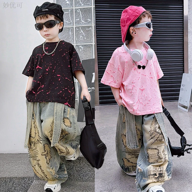 夏装女儿服童装洋气妙优可男童夏季宽松潮酷痞帅辣妹风套装2025