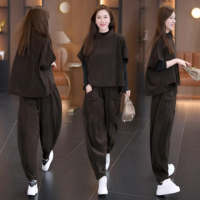 NSY 秋季套装女款爆款2025新款时尚减龄立领半袖上衣哈伦裤两件套