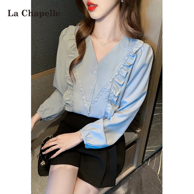 拉夏贝尔V领长袖衬衫女2025秋季法式荷叶边设计感气质雪纺衫小衫