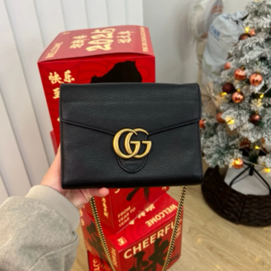 95新 GUCCI/古驰 黑金woc链条包斜挂包