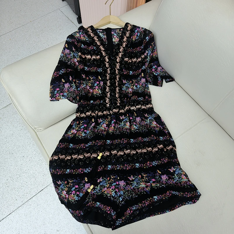 宝丫轻奢  女式优雅复古碎花V领短袖连体裤K3563