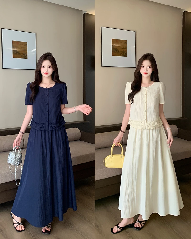 长大码女高级感气质套装夏季新款短袖上衣半身裙减龄两件套80288