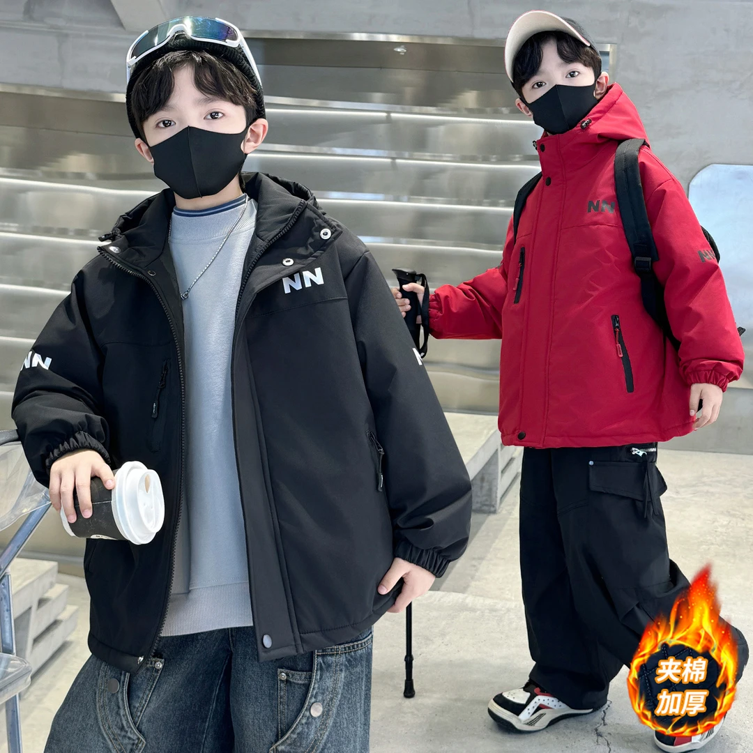 男童夹棉冲锋衣外套秋冬款帅气儿童冬装中大童防风男孩连帽派克服