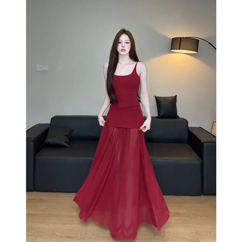 淡人仙女裙 清冷艺术系拼接网纱新疆棉针织吊带裙