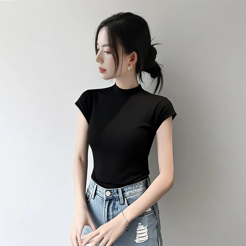 夏季黑色半高领短袖T恤女小袖设计感正肩半袖针织薄款修身上衣服