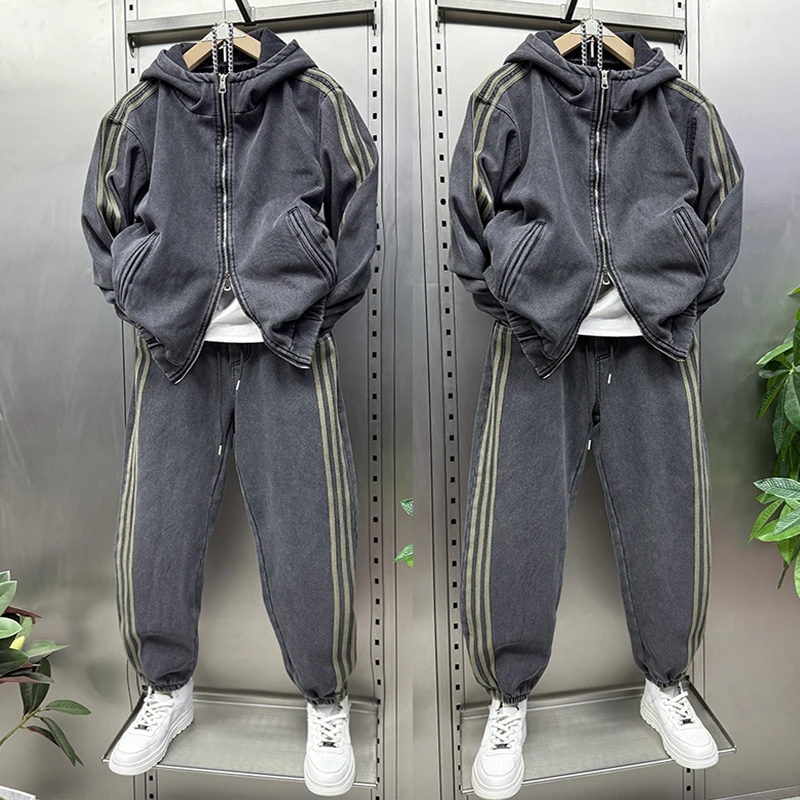 冬季加绒牛仔套装男女同款加厚连帽外套宽松束脚休闲运动两件套潮