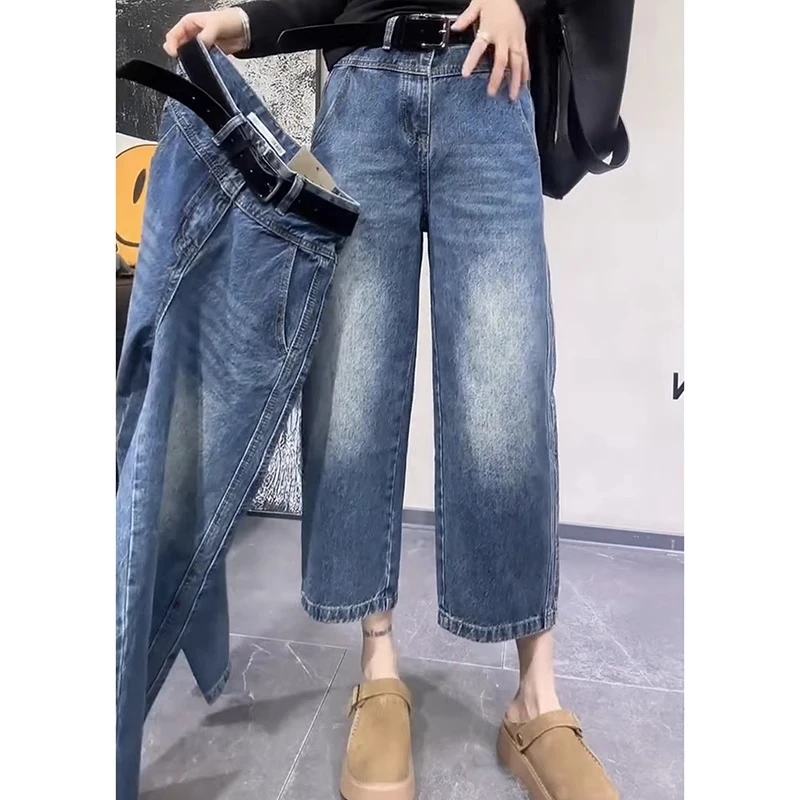 2025年春新款大码弯刀香蕉牛仔裤女小个子高腰弹力显瘦九分法棍裤