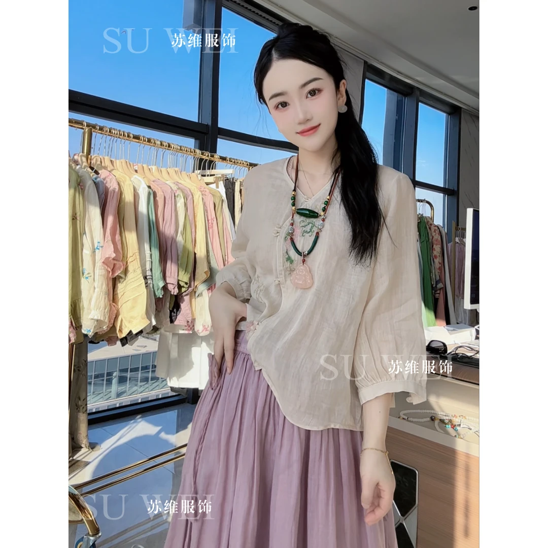9312苎麻衬衫气质圆领宽松小清新小衫古风中国风休闲纯色绣花复古