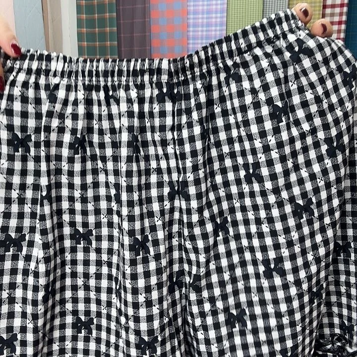 莫代尔纤维棉女士短裤，黑白小格棉绸