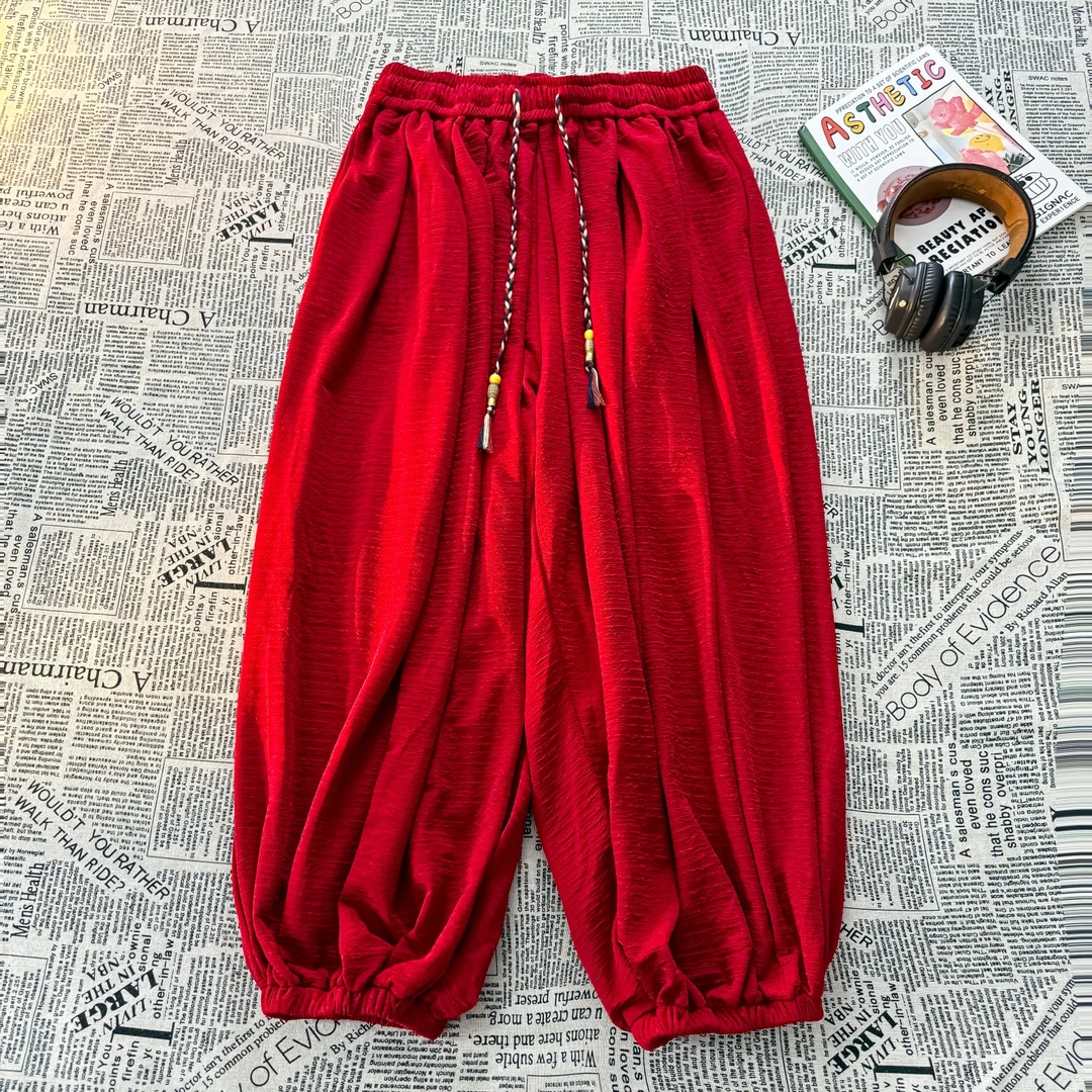 高级肌理感冰丝阔腿灯笼裤男款夏季新中式潮牌宽松垂感束脚哈伦裤