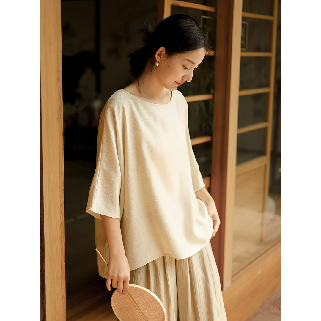 女装2025夏季新款圆领七分袖上衣女高级感亚麻垂感T恤宽松显瘦
