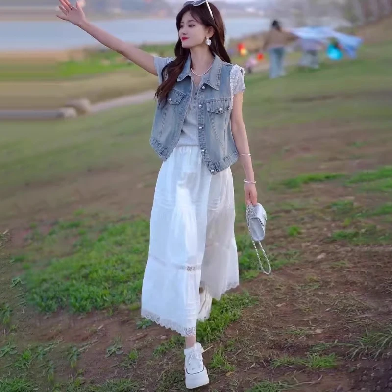 韩系蕾丝拼接短款牛仔外套女2025夏季新款高级感时髦洋气外搭马甲