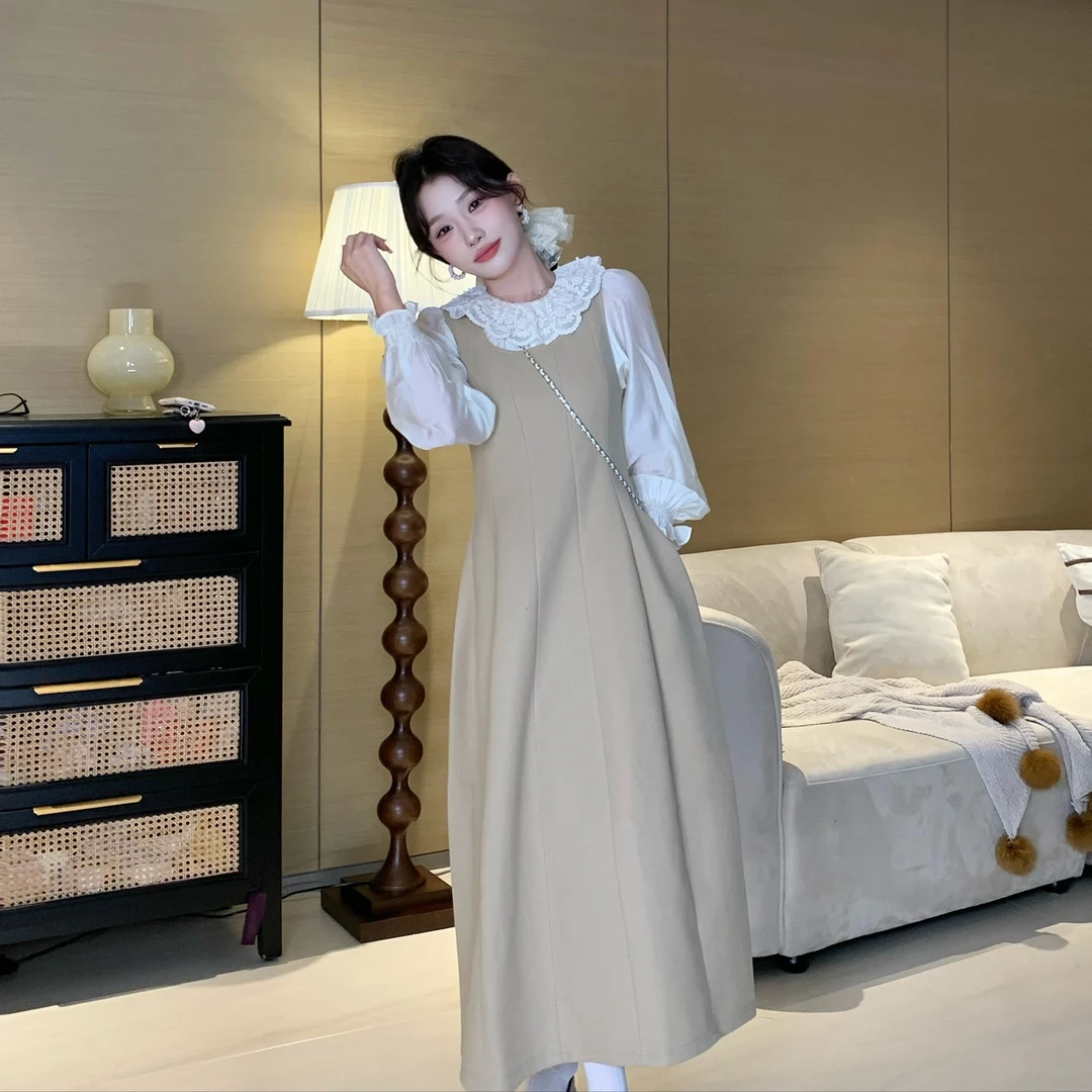 陈六六CHENLIULIU【韩剧女主氛围】温柔气质精致衬衫背带毛呢长裙