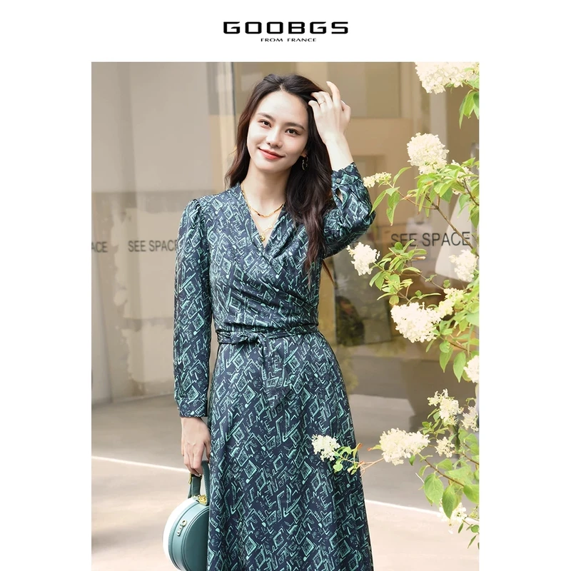 【谷邦L+】谷邦GOOBGS V领印花收腰长袖连衣裙 G2341637