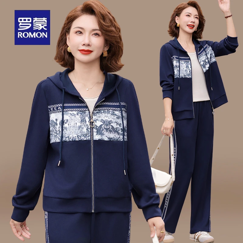 罗蒙年轻妈妈秋装休闲运动服套装女2025新款中老年春秋季洋气上衣