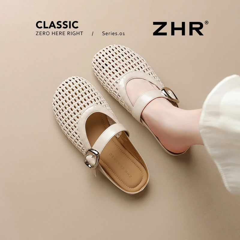 ZHR/则则平底半拖鞋女夏新款外穿镂空透气复古包头凉鞋时尚穆勒拖