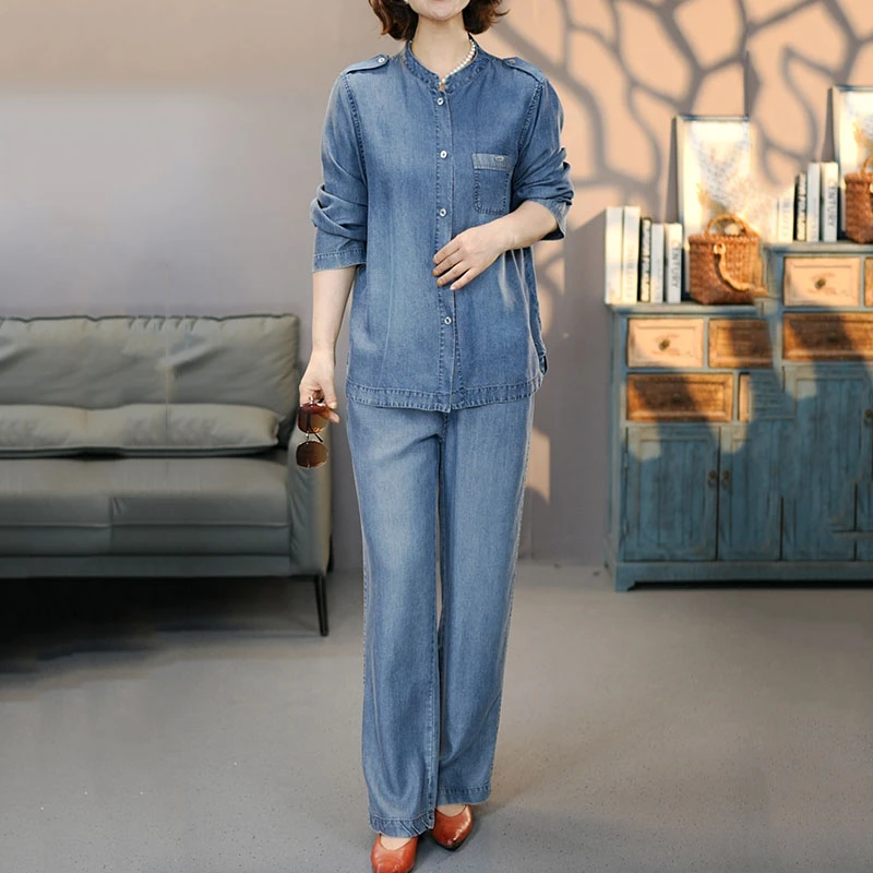 8818-6846蓝套装2025夏季新款莱赛尔长袖衬衫裤子上衣九分裤