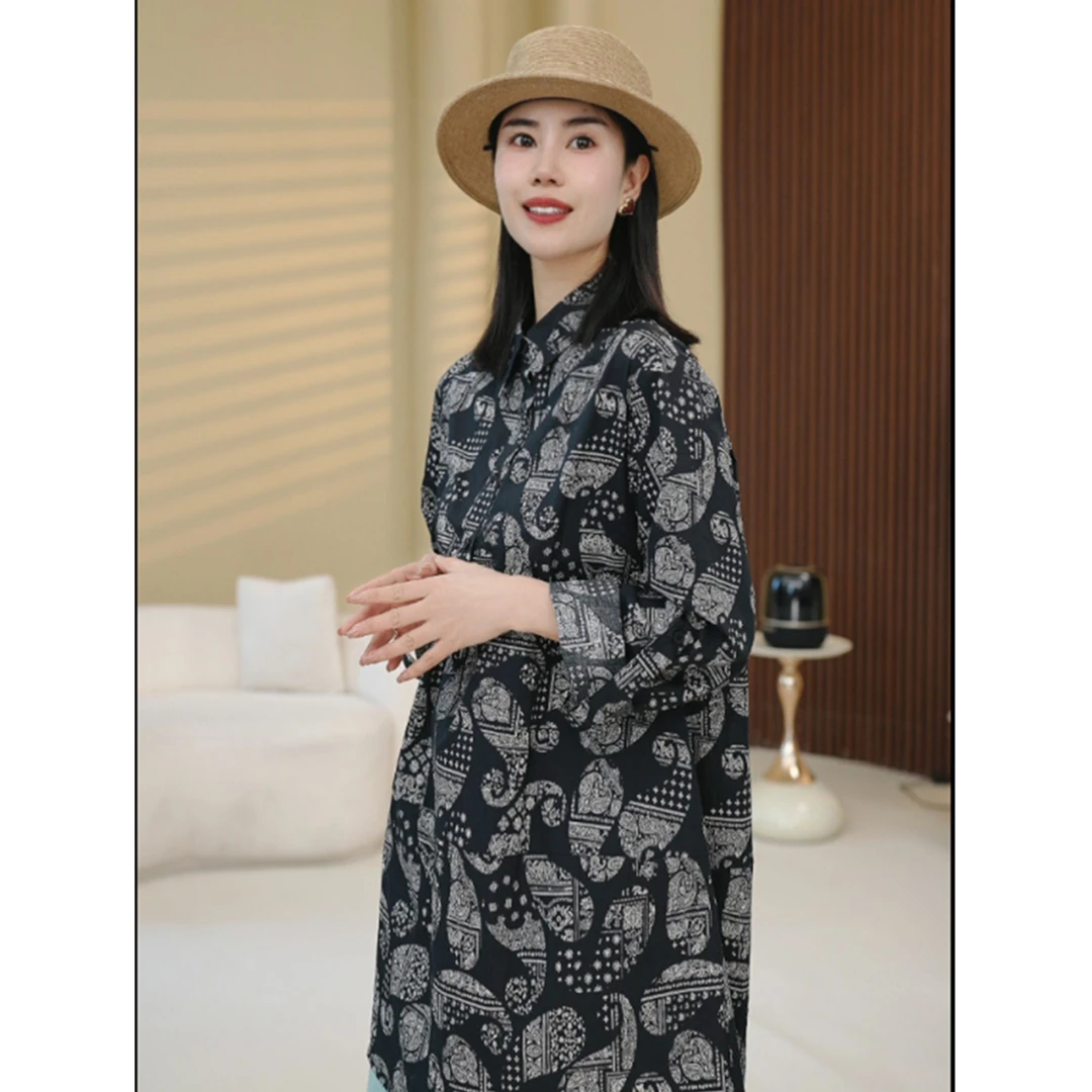 北桔2025春秋新款韩版时尚腰果花休闲百搭宽松显瘦印花衬衫3656