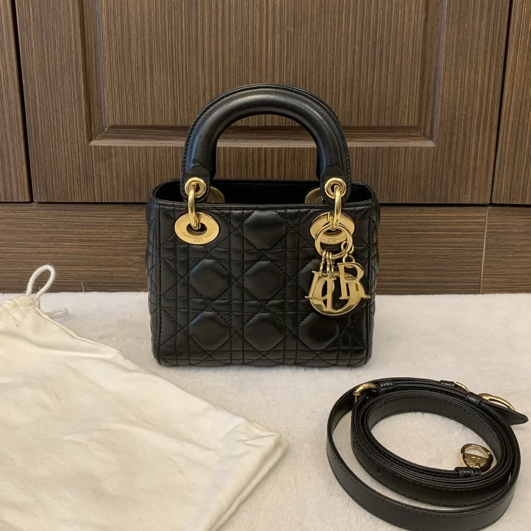 95新 DIOR/迪奥 Dior迪奥黑基羊皮三格戴妃
