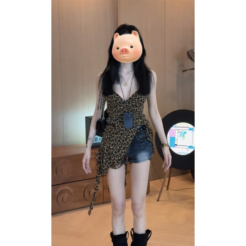 美式辣妹不规则豹纹V领吊带背心女夏外穿海边度假风辣妹无袖上衣