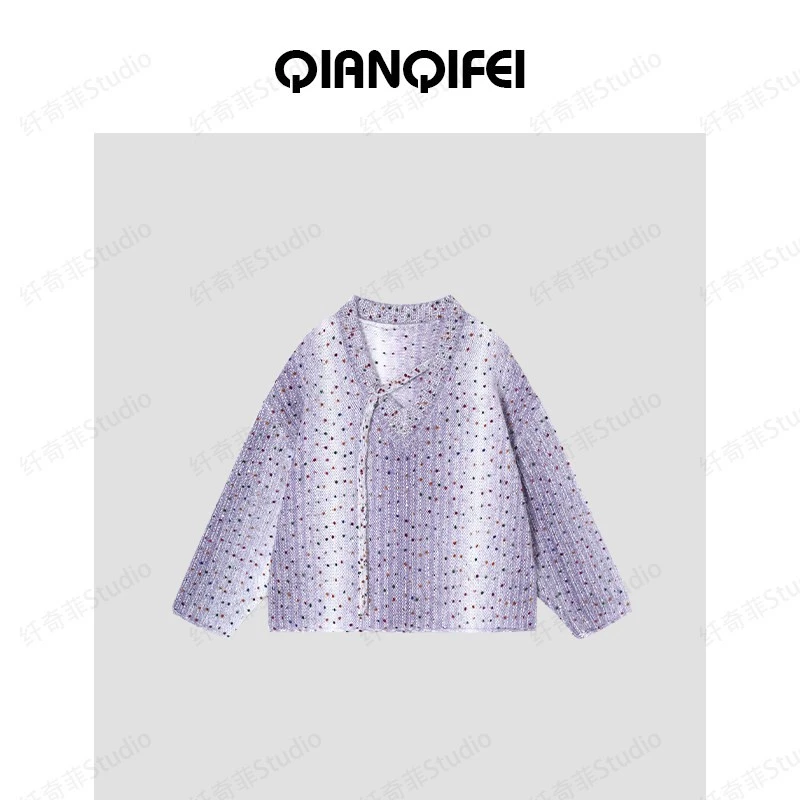 【彩虹艺术家】新款软糯亮片V领飘带毛衣 81001-551